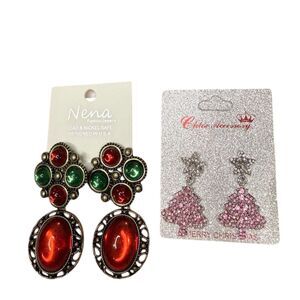 2 Christmas Tree statement Crystal Earrings bundle lot red green Dangle gift